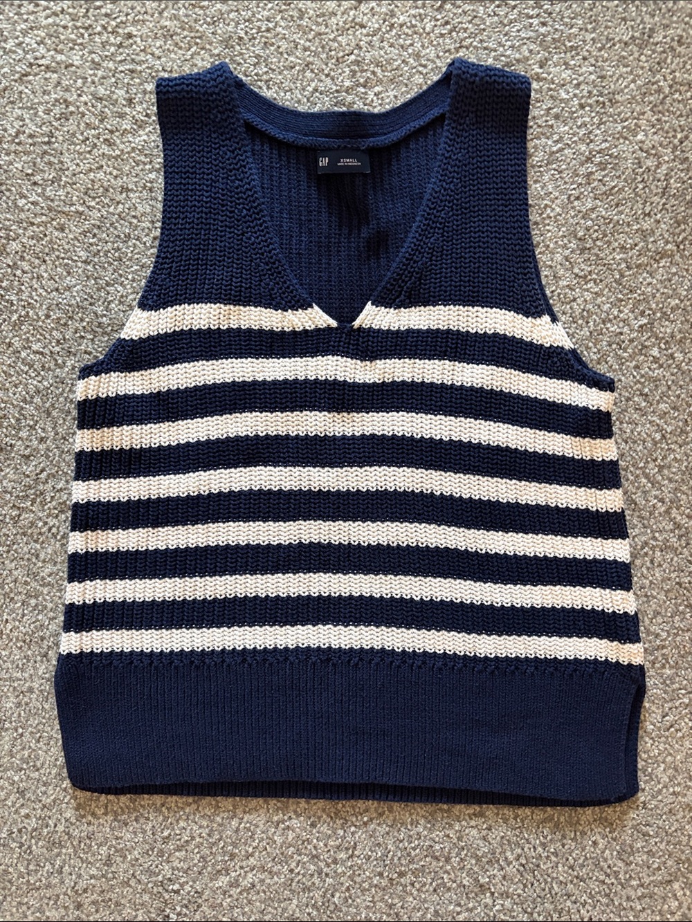 GAP Navy and Cream Striped V‑Neck Knit Vest